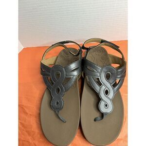 Rockport Sandals Womens Size 11 Ramona Pewter T Strap Casual Comfort Shiny